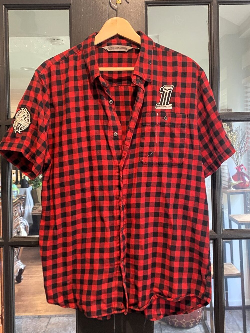 Harley-Davidson Men’s Red Black Buffalo Plaid Short Sleeve Shirt Patches size L